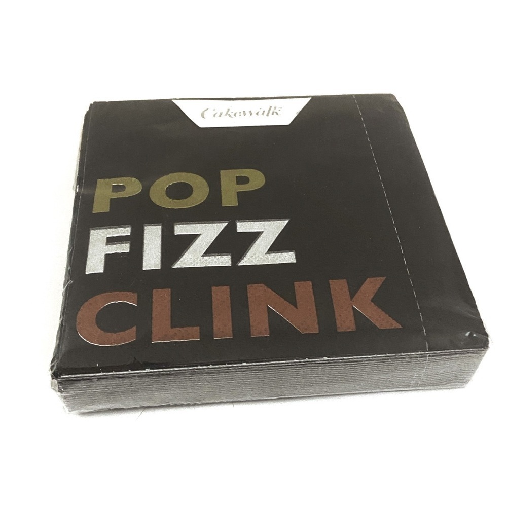 Cakewalk “Pop, Clink, Fizz” Black Party Napkins NIP, NYE & Celebration Decor